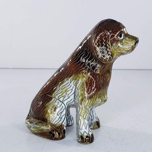 Vintage Chinese Cloisonne Spaniel Dog Sitting Brass Enamel Figurine